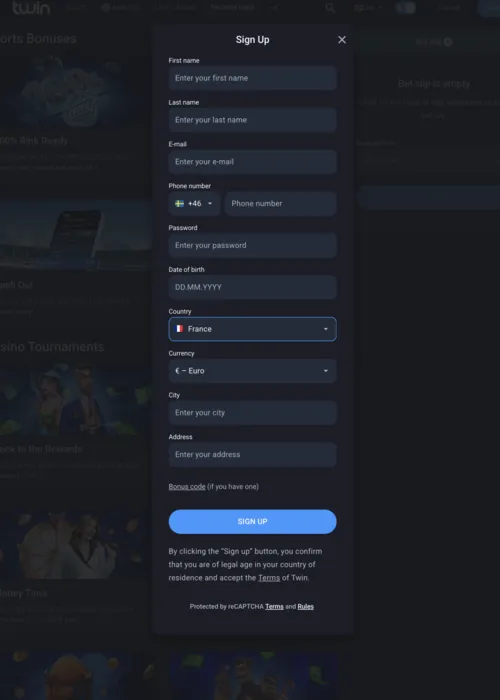 Criação de perfil de jogador instantânea Twin Casino
